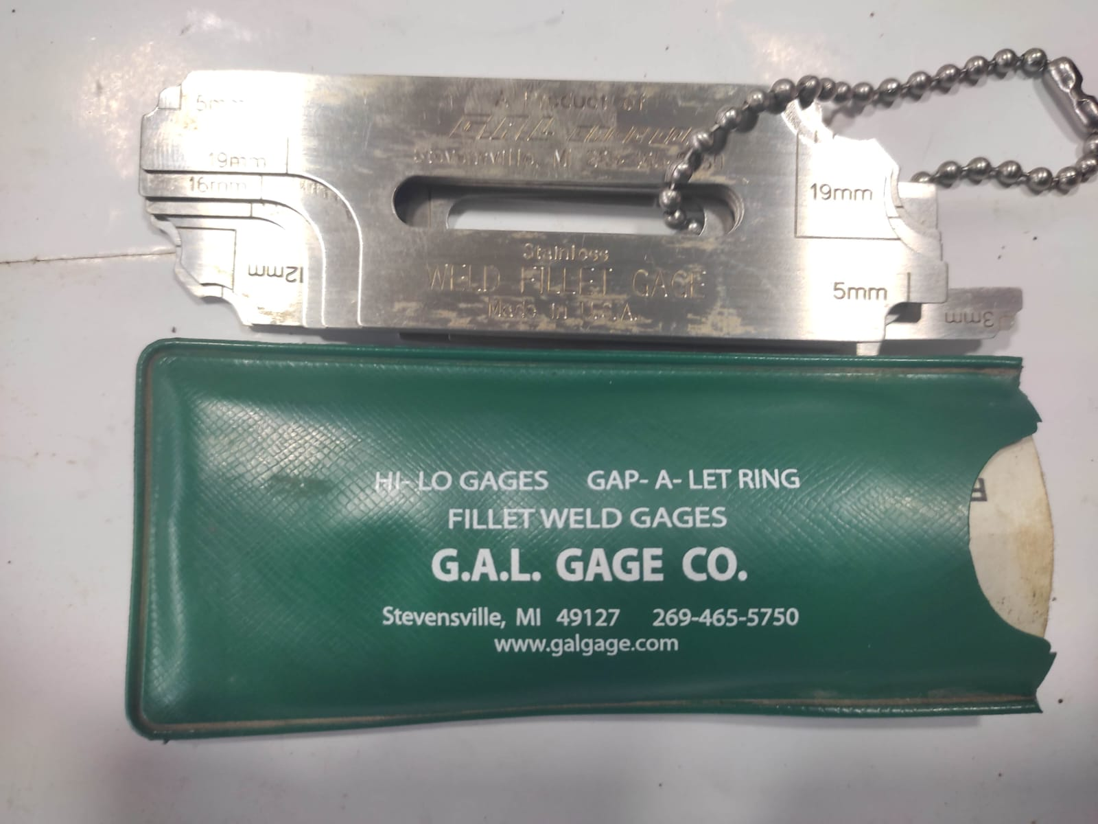 GAL Gage Co stainless weld fillet Hi-Lo gauge with green pouch