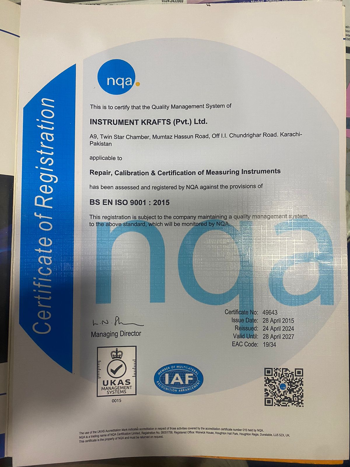NQA certificate of registration: Instrument Krafts (Pvt.) Ltd. certified to BS EN ISO 9001:2015, certificate number 49643