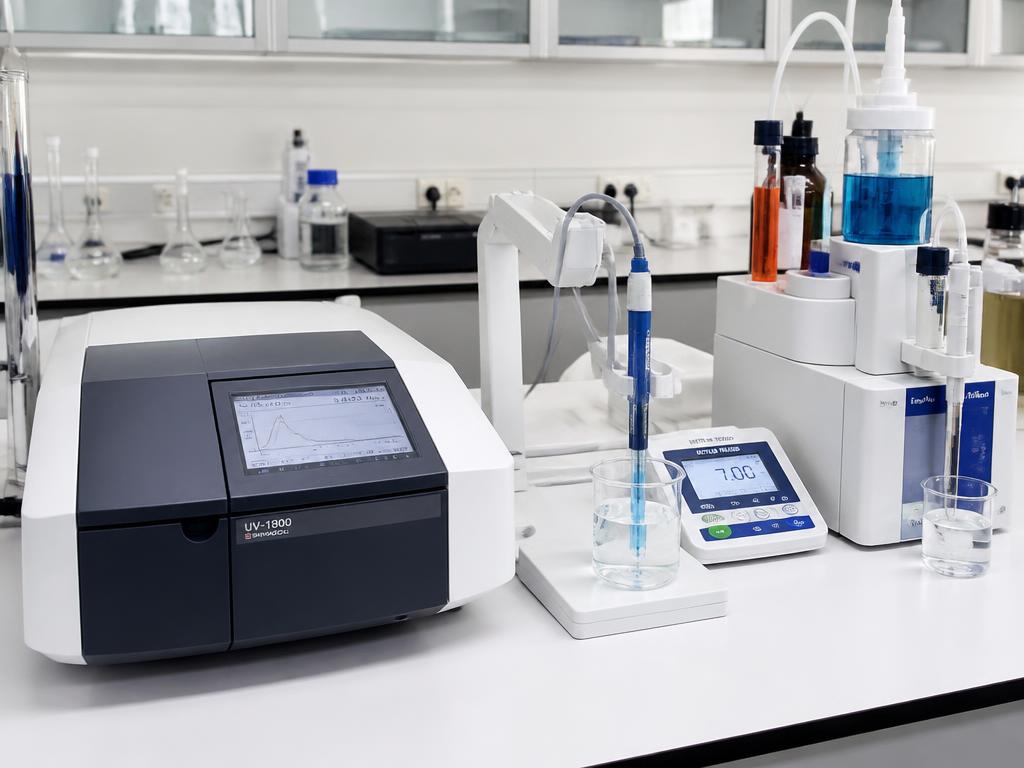 Spectrophotometer, pH meter and titration setup in an analytical laboratory
