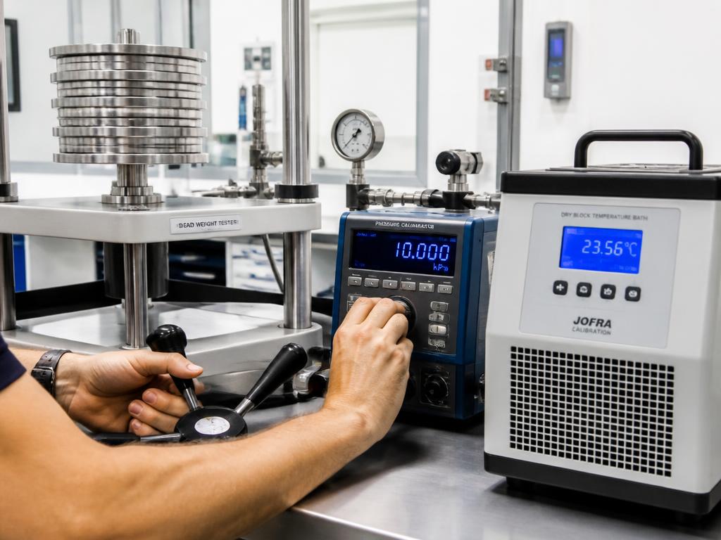 Dead weight tester, pressure calibrator and dry block bath in a calibration lab