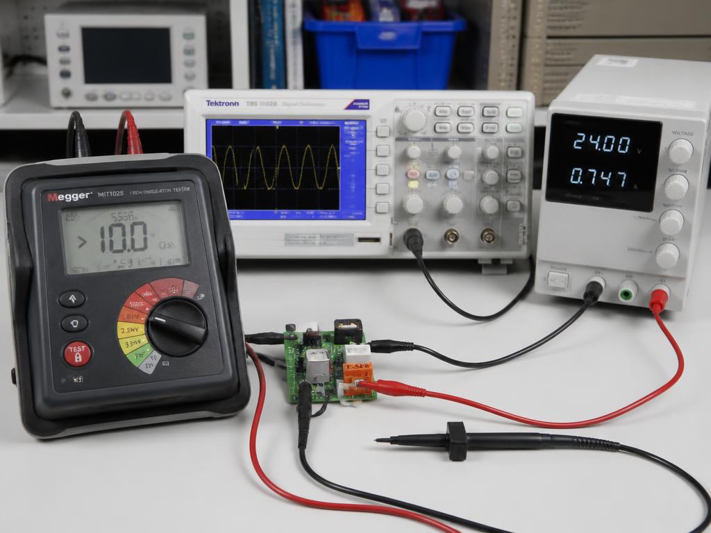 Oscilloscope, bench power supply and insulation tester on an electronics bench