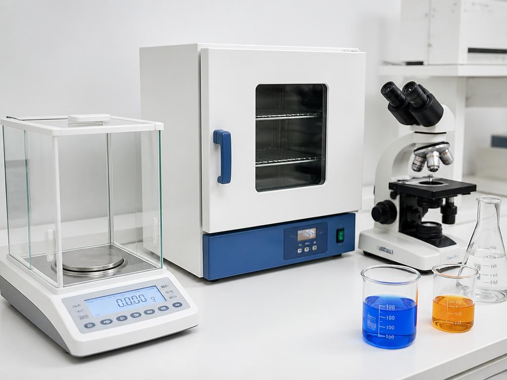 Analytical balance, laboratory oven and microscope on a lab bench