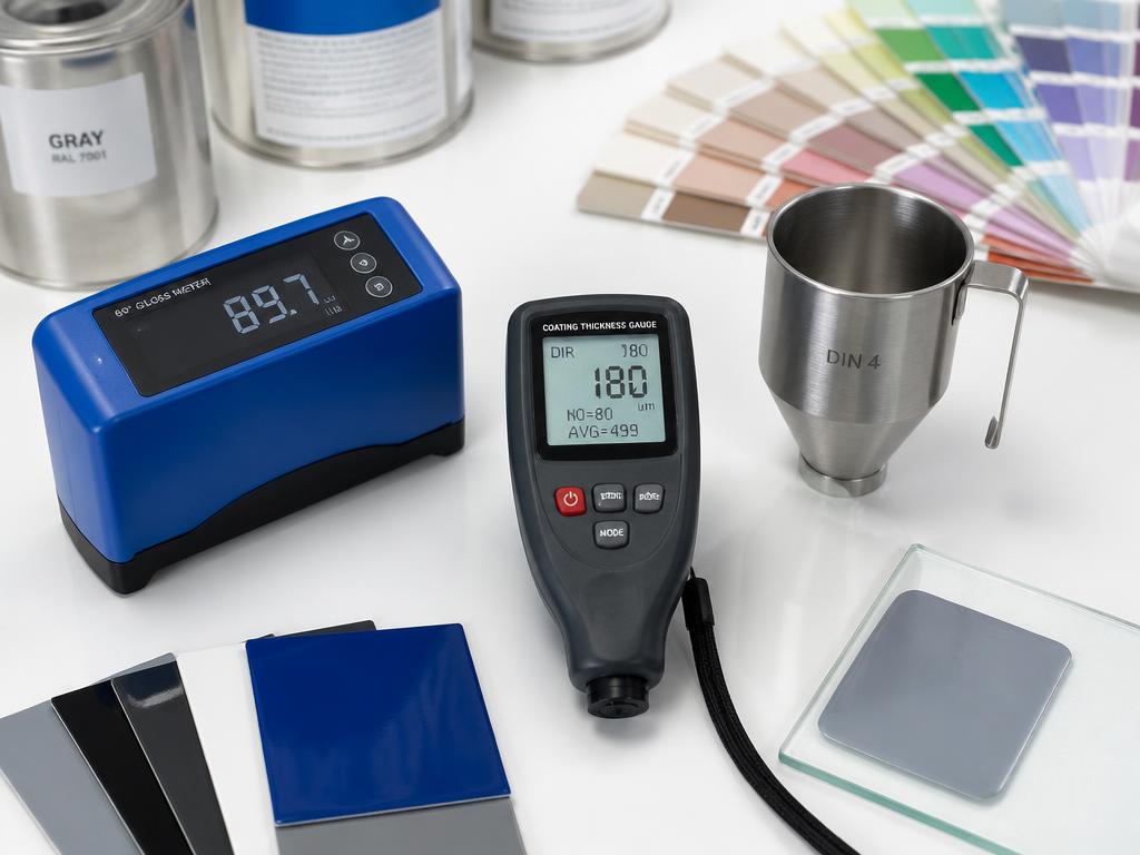 Gloss meter, coating thickness gauge and viscosity cup with paint panels