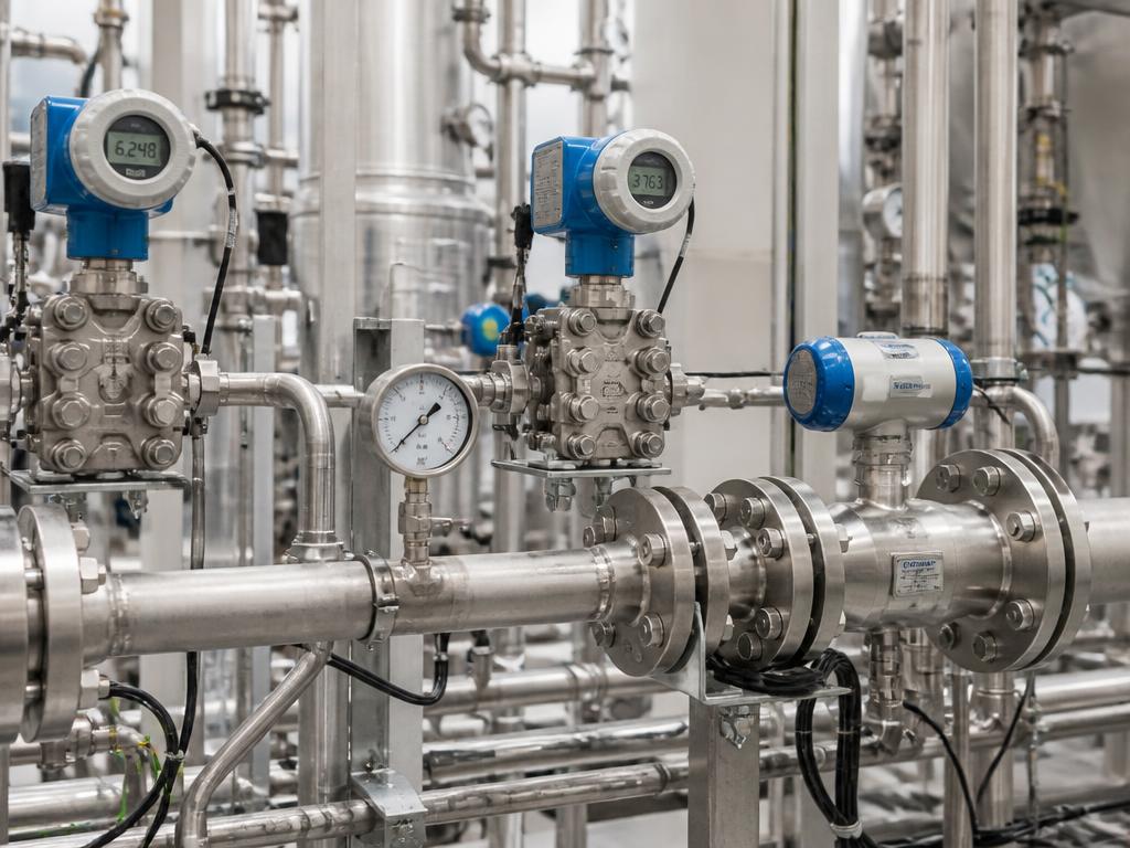 Pressure transmitters and flow meter installed on stainless steel plant pipework