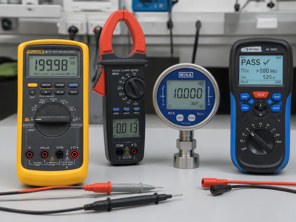 Digital multimeters, clamp meter and pressure gauge on a workbench
