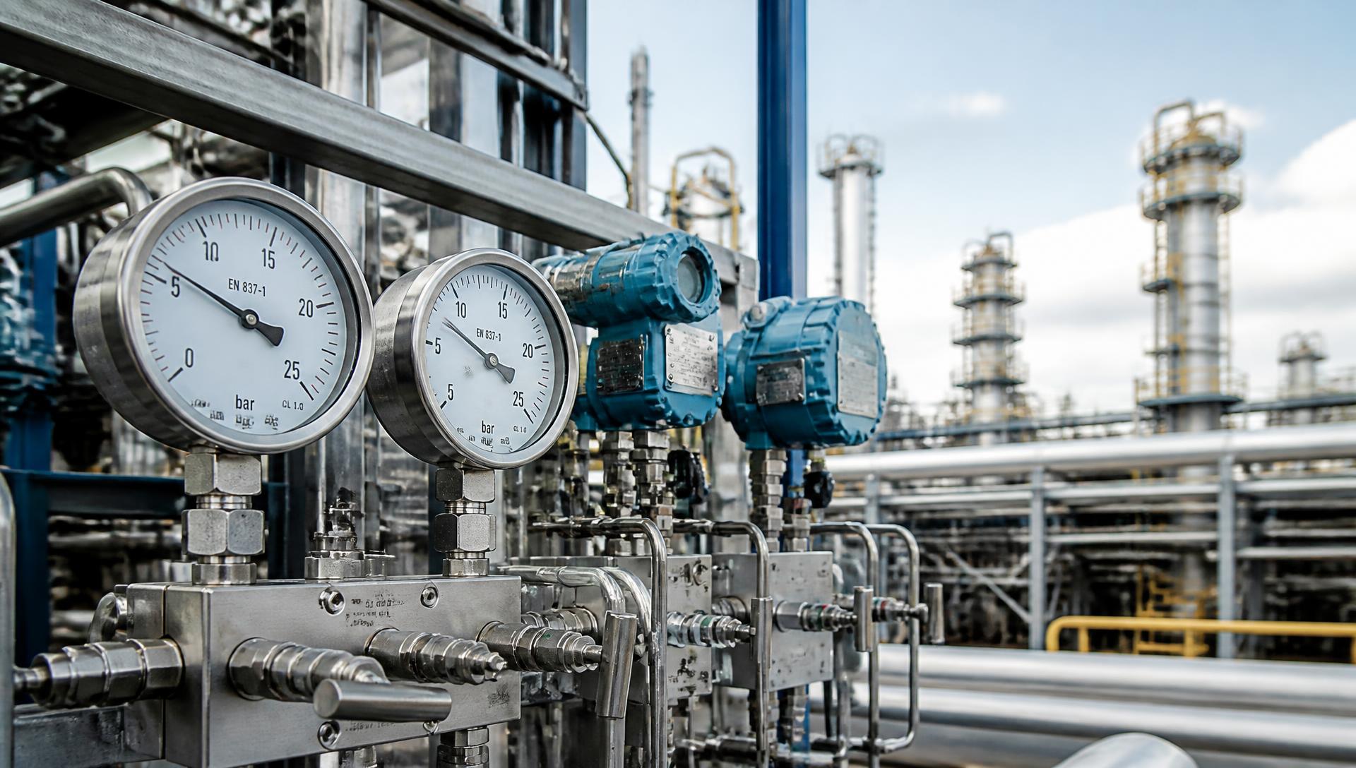 Pressure gauges and process transmitters on stainless steel plant pipework