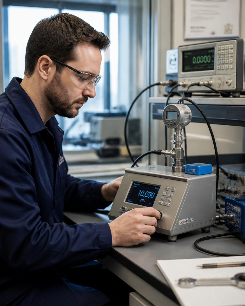 IKPL engineer operating a precision pressure calibrator in the calibration lab