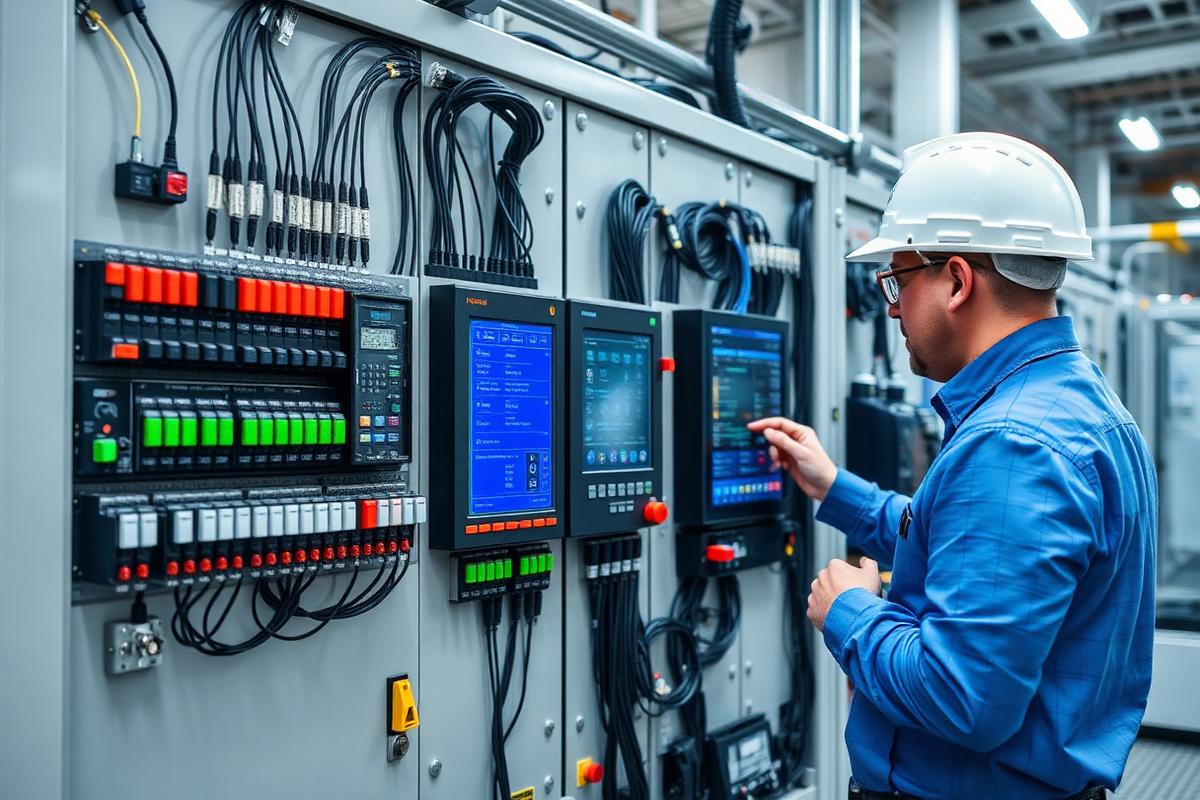 Engineer working on an industrial automation control panel with PLC and HMI screens