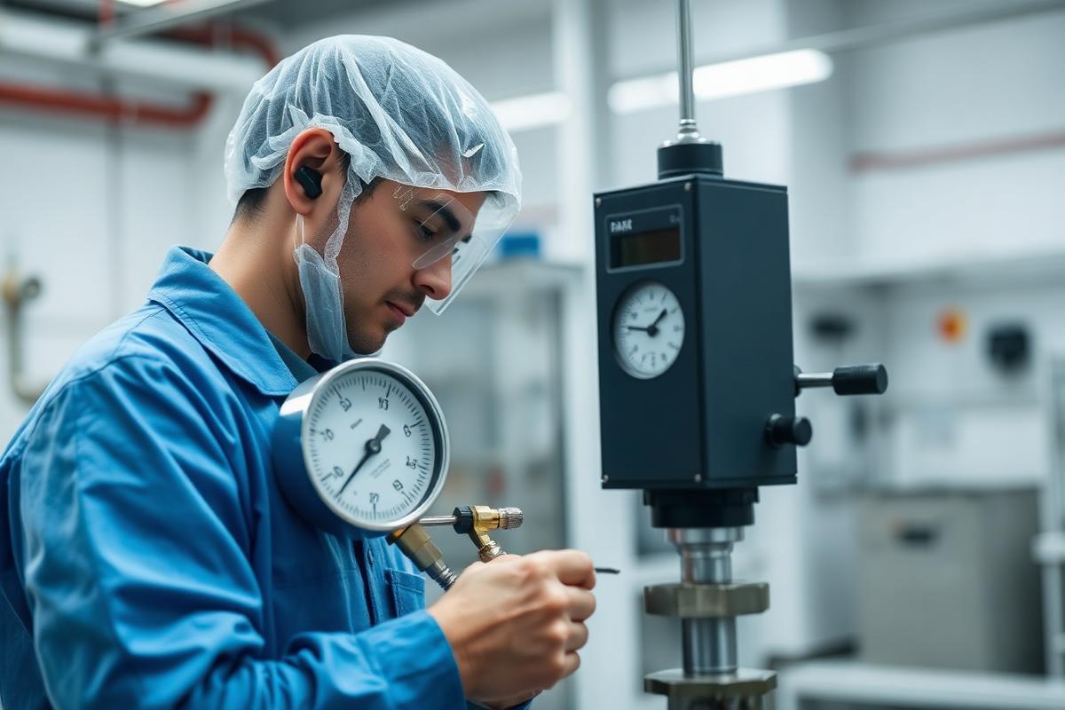 IKPL technician calibrating a pressure gauge against a reference standard in the calibration lab