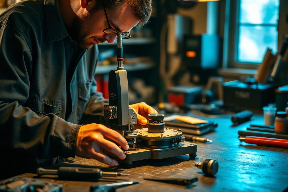 Technician repairing a precision measuring instrument at a workbench