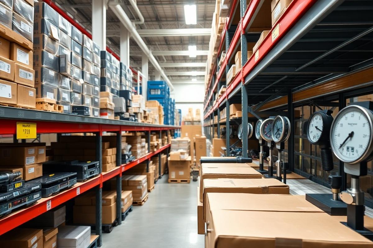 Precision instruments and spare parts stocked on warehouse shelving