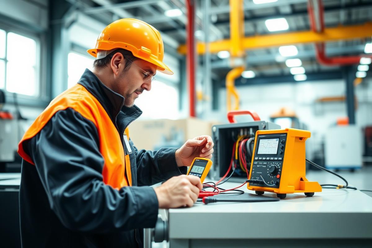 Engineer running performance tests on industrial equipment with test instruments
